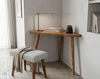 Solid Pine Wood Corner Desk: Mid Century Style, Space-Saving Design | Ref 004