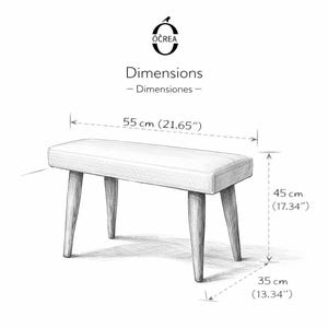 May include: A sketch of a small bench with a rectangular, padded seat and four angled wooden legs. The bench is 21.65 inches long, 17.34 inches high, and 13.34 inches deep. The image includes the text "Dimensions".