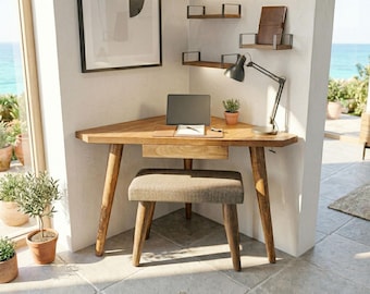 Handmade Solid Wood Corner Desk: Small Space Study Table | Ref 004C