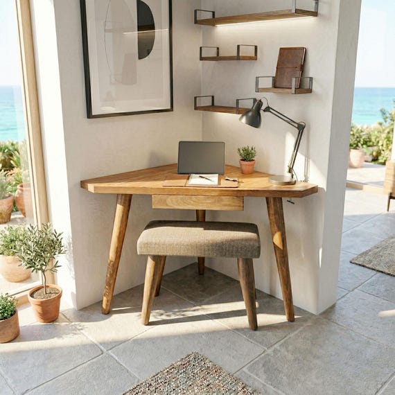 Handmade Solid Wood Corner Desk: Small Space Study Table | Ref 004C