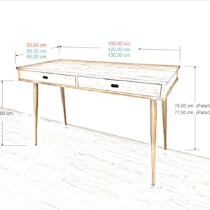 May include: A white wooden desk with two drawers and tapered legs. The desk measures 60 inches wide, 25 inches deep, and 25 inches high. The legs are available in two heights: 30 inches or 31 inches.