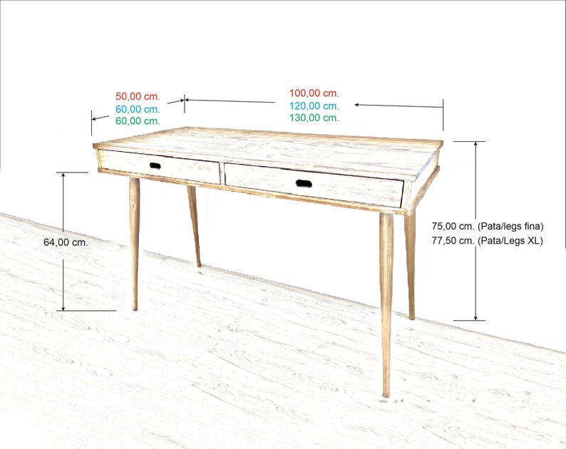 May include: A white wooden desk with two drawers and tapered legs. The desk measures 60 inches wide, 25 inches deep, and 25 inches high. The legs are available in two heights: 30 inches or 31 inches.