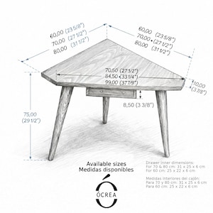 May include: A light-colored, triangular wooden table with a drawer, supported by three angled legs. The table is 29 1/2 inches high, with sides measuring 23 5/8, 27 1/2, and 31 1/2 inches. The drawer is 3 3/8 inches deep. The table is labeled "&Oacute;CREA".