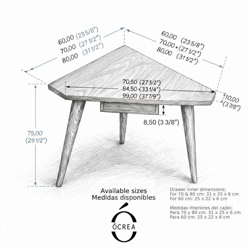 May include: A light-colored, triangular wooden table with a drawer, supported by three angled legs. The table is 29 1/2 inches high, with sides measuring 23 5/8, 27 1/2, and 31 1/2 inches. The drawer is 3 3/8 inches deep. The table is labeled "&Oacute;CREA".