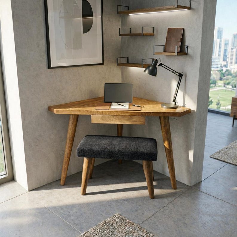 May include: A wooden corner desk with a laptop, pen, and notepad. A black desk lamp and a gray upholstered stool are in front of the desk. The desk has a drawer and is set against a light gray wall. Shelves are mounted above the desk.