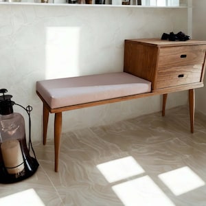 Handmade Pine Wood Entryway Bench with Drawer & Cushion | Ref.00106