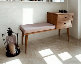 Handmade Pine Wood Entryway Bench with Drawer & Cushion | Ref.00106
