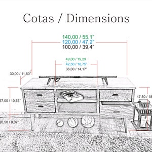 May include: A sketch of a wooden entertainment center with three drawers and a shelf. The entertainment center is 55.1 inches wide, 18.7 inches deep, and 14.17 inches tall. The dimensions are labeled in inches and centimeters.