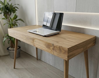 Massief Houten Bureau met Lade - Handgemaakt Rustiek Bureau, Duurzaam Werkblad, Scandinavisch Design Tafel | Ref.0024