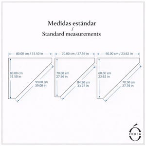 May include: Diagram showing standard measurements in both centimeters and inches. The diagram includes three angled shapes with dimensions labeled: 80.00 cm/31.50 in, 70.00 cm/27.56 in, and 60.00 cm/23.62 in. The text "Standard measurements" is also present.