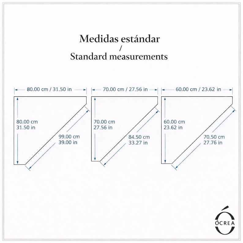 May include: Diagram showing standard measurements in both centimeters and inches. The diagram includes three angled shapes with dimensions labeled: 80.00 cm/31.50 in, 70.00 cm/27.56 in, and 60.00 cm/23.62 in. The text "Standard measurements" is also present.