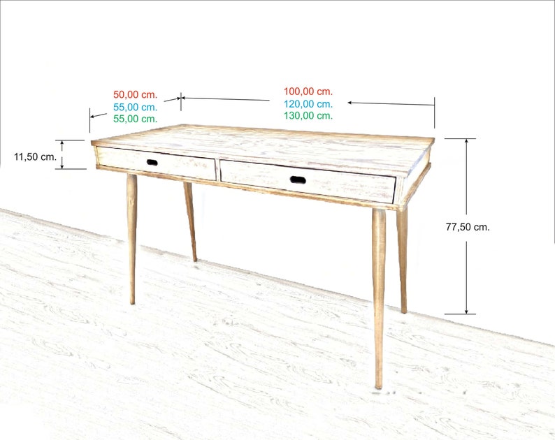 Bureau /Bureau en pin massif avec 2 tiroirs / Table 4 pieds / table de bureau / bureau image 10