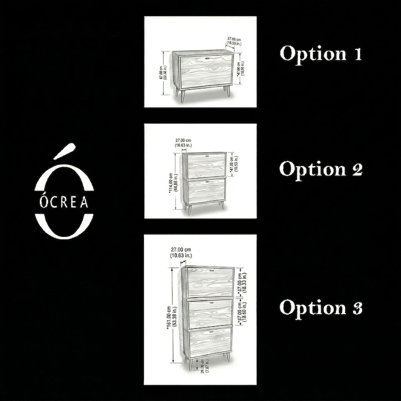 May include: Three wooden furniture options are displayed, with measurements in cm and inches. Option 1 is a small cabinet, Option 2 is a two-drawer cabinet, and Option 3 is a tall cabinet with three drawers.