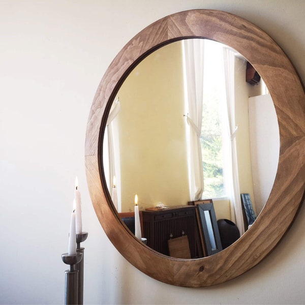 Miroir en bois / Miroir rond / Miroir rustique avec cadre / Miroir moderne / Miroir décoratif / Réf. 00222 / Fait main par Dvalenti Furniture