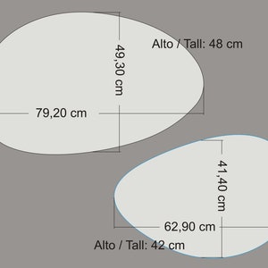 May include: Diagram of two oval shapes with measurements in centimeters. The top oval is 79.20 cm wide and 49.30 cm tall. The bottom oval is 62.90 cm wide and 41.40 cm tall. The text "Alto / Tall" is written next to the height measurements.