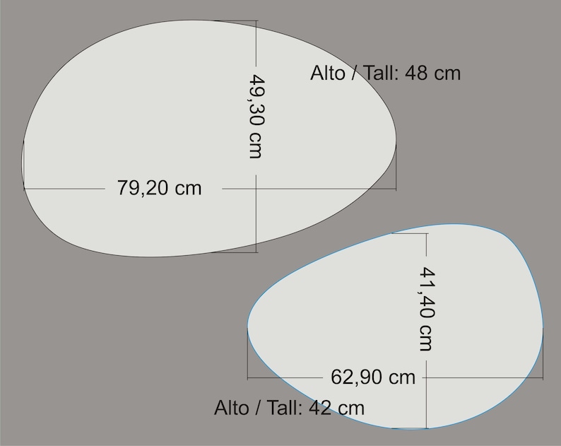 May include: Diagram of two oval shapes with measurements in centimeters. The top oval is 79.20 cm wide and 49.30 cm tall. The bottom oval is 62.90 cm wide and 41.40 cm tall. The text "Alto / Tall" is written next to the height measurements.