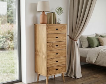 Mid Century Solid Pine Chest of Drawers 6 Drawers – Handmade Wooden Chiffonier – Ref. 00169