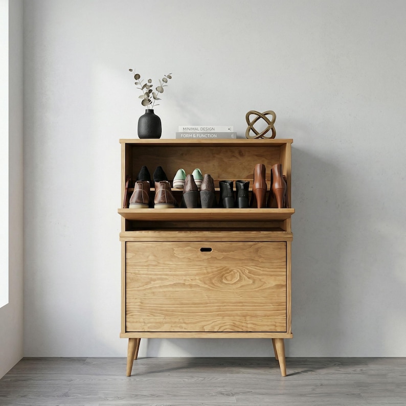 May include: A light-coloured wooden shoe cabinet with a top shelf holding various shoes. The cabinet has a drawer and a slatted top section. A black vase with greenery and a decorative knot sit on top.