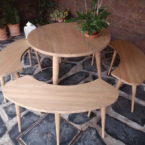 table and benches, round dining table and chairs, Garden table, Kitchen table, Garden bench, Ref. 00126, Handmade by DValenti Furniture