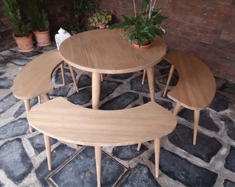 Tisch und Bänke, runder Esstisch und Stühle, Gartentisch, Küchentisch, Gartenbank, Ref. 00126, handgefertigt von DValenti Furniture