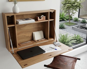 Solid Wood Floating Desk, Wall Mounted Hidden Fold Down Workspace | Ref. 0051