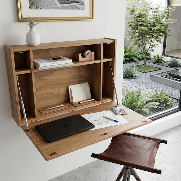 Escritorio Flotante de Madera Maciza, Mesa de Pared Abatible, Escritorio Plegable Ahorro de Espacio | Ref. 0051