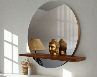 Handmade Round Pine Wood Wall Mirror with Shelf | Ref. 00191