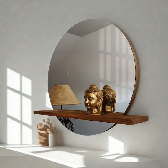 Handmade Round Pine Wood Wall Mirror with Shelf | Ref. 00191