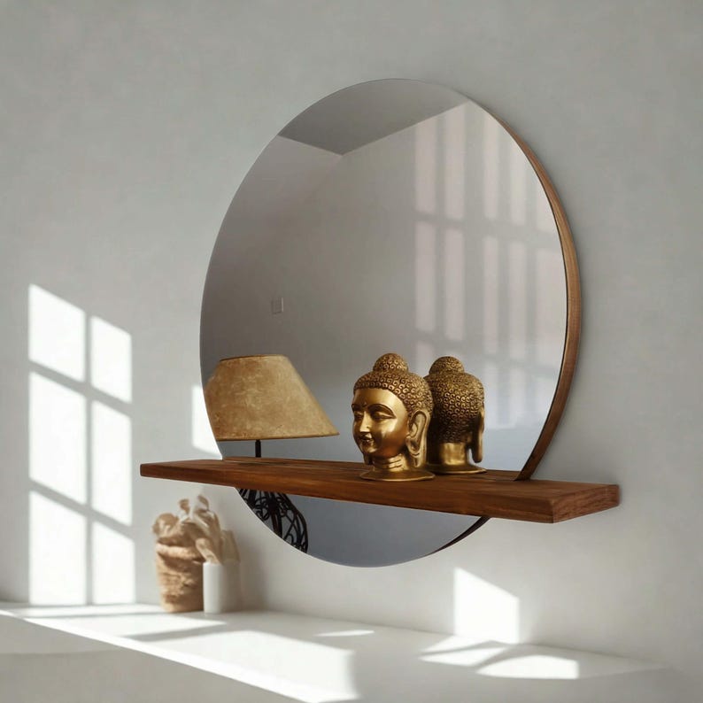Handmade Round Pine Wood Wall Mirror with Shelf | Ref. 00191 image 1