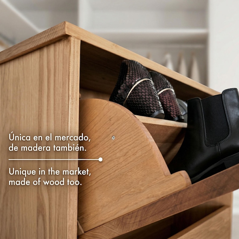 May include: Wooden shoe storage cabinet in a light brown finish. The cabinet features a pull-out drawer with black leather boots and other shoes. The text on the cabinet reads "Unique in the market, made of wood too."