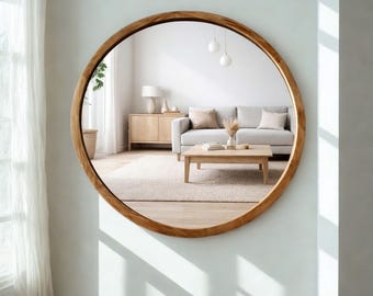 Mid Century Round Wall Mirror - Solid Pine Wood Frame - Handmade Circular Mirror - Eco Friendly Natural Home Decor | Ref. 00200