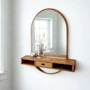 Solid Pine Wood Round Arch Mirror with Shelf: Bathroom Hallway Decor | Ref. 00172