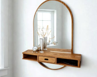 Mid Century Houten Spiegel met Lade, Handgemaakte Massief Grenen Spiegel voor Badkamer of Hal | Ref. 00172
