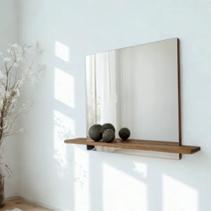 Square Pine Wood Mirror with Shelf - Handcrafted Solid Wood Wall Mirror - Rustic Bathroom & Entryway Decor | Ref. 862