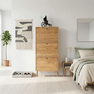 May include: A three-drawer wooden shoe cabinet with a light wood finish. The cabinet has a minimalist design with tapered legs. A decorative metal sculpture of a baby carriage sits on top. A woven wall hanging and a potted plant are also visible.