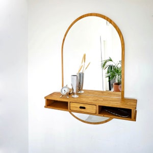 Miroir rond en pin massif avec étagère : déco de salle de bain pour couloir (100 x 60 cm)