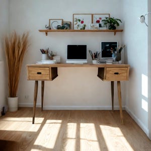 Mid Century Modern Solid Wood Desk - Rustic Pine Home Office Table with 2 Drawers - Retro Writing Desk | Ref. 0021