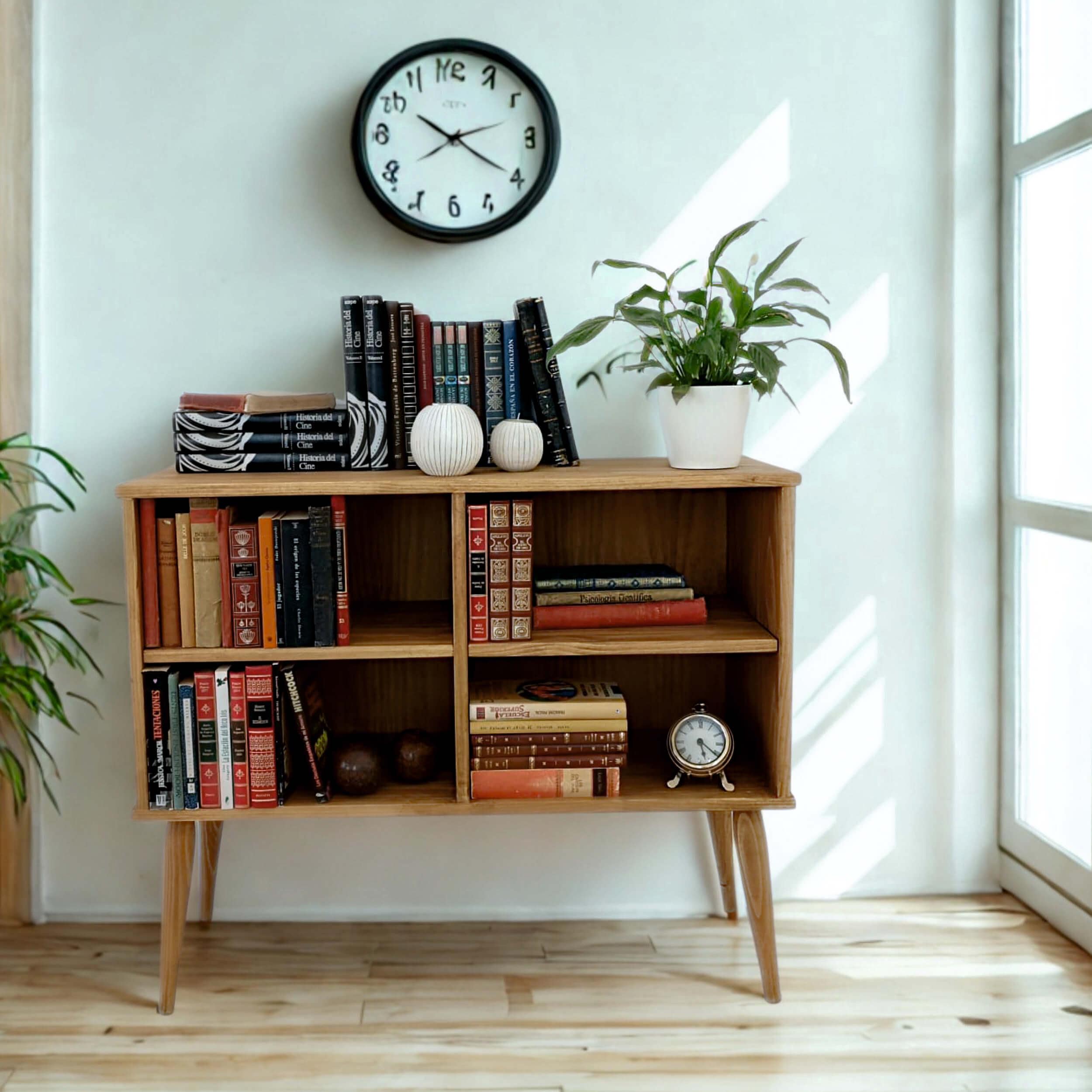 Rustic Pine Wood Bookcase: Handmade Sideboard with Shelves