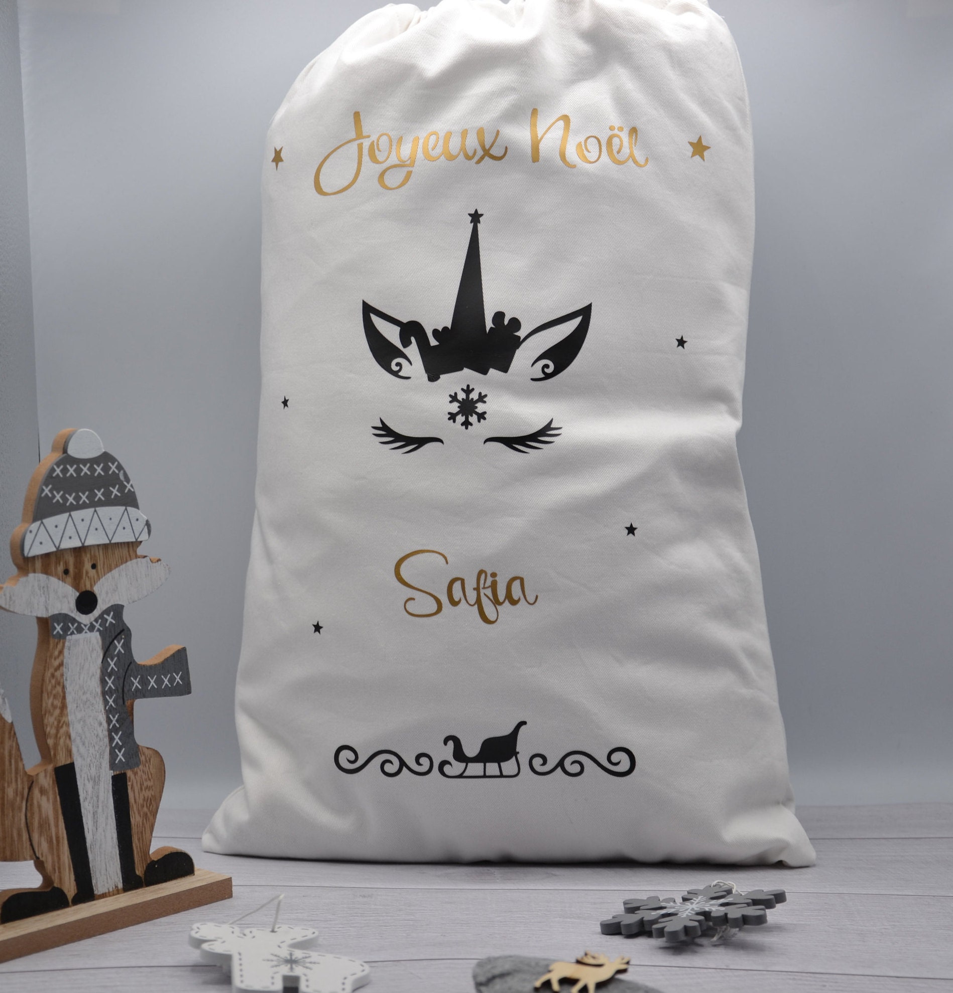 Hotte de Noel Personnalisée , en Coton Lavable et Réutilisable. Sac Pour Cadeau Noel