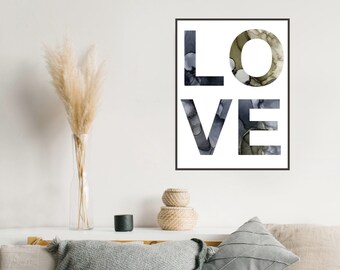 Liebe Zitat Abstrakt Fluid Art Print - Salbei / Schwarz / Grau - Tonaler Kunstdruck - Zitat Art Print / Fluid Art Print / Tinte Druck / Alkohol Tinte