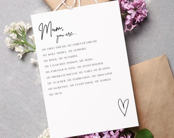 Custom Printed Mother's Day Card, Mother's Day Poem, Poem Card For Mum, For My Mum, Personalised Card, Print, Mother's Day Gift, Mom, Nan