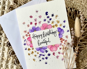 Floral Personalised Hand Painted Birthday Card / Happy Birthday Card / Personalised Card / On Your Birthday Card / Pink Floral Card / Purple