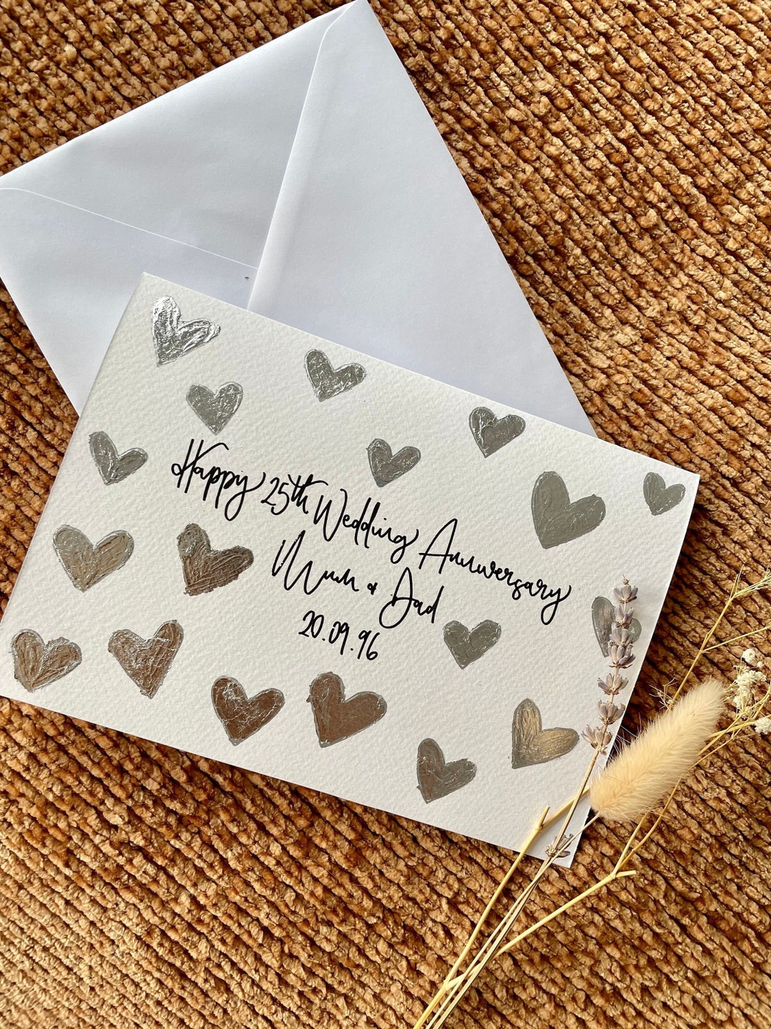 Stylish Silver Wedding Anniversary Handmade Card With Silver Leaf ...