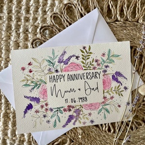 Tarjeta de Feliz Aniversario Personalizada Floral Rosa y Púrpura / Tarjeta de Aniversario Personalizada / Aniversario Especial / Feliz Aniversario / Tarjeta