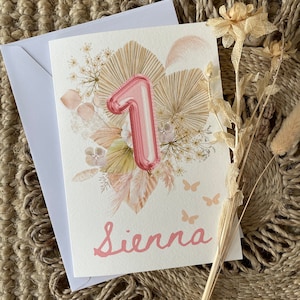 Biglietto di compleanno floreale Boho personalizzato, biglietto di palloncino numero personalizzato, biglietto di compleanno, farfalla, fiori, biglietto speciale personalizzato stampato