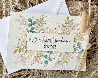 Personalised Wedding Card / Wedding Bouquet Card / Hand Painted Wedding Card / Wedding Gift Card / Mr & Mrs personalised Card /Botanical