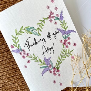 Gepersonaliseerde Thinking Of You Card / Handgeschilderde doordachte kaart / Vriendschapskaart / Gepersonaliseerde hartkaart / handgemaakte bloemenvriendenkaart