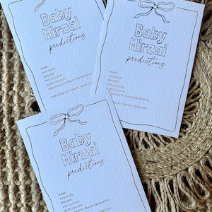 Gepersonaliseerde strikthema babyshower voorspellingskaarten, babyshowerspel, babyshower strik, custome babyshowerspel, mummy to be-spel, bedrukt