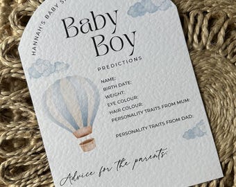 Tarjetas personalizadas de predicción para baby shower con globos aerostáticos, juego para baby shower, niño, niña, temática de nubes, azul, baby shower, futura mamá