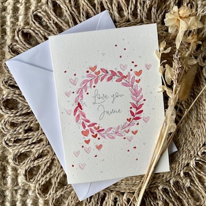 Gepersonaliseerde handgeschilderde bloemen liefde hartkrans kaart, aangepaste Valentijnskaart, gepersonaliseerde hartkaart, vrouw, man, partner, met liefde